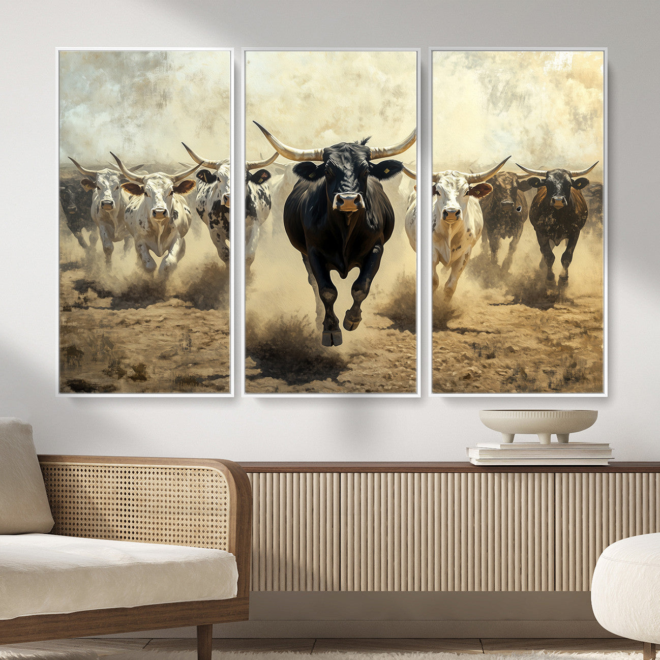 MGV-FC-48X32-3P - Running Cattle Wall Art – Canvas Print of Western Herd, Dust Stampede, Longhorns, Wild West Ranch, Bold Rustic Farm Decor for Home or Office