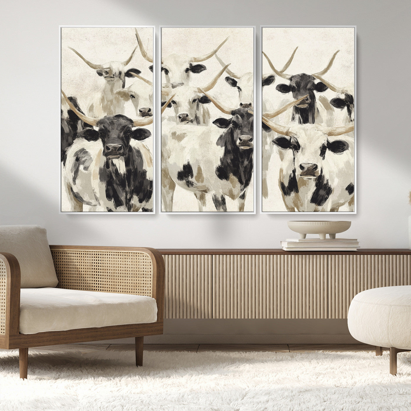 MGV-FC-48X32-3P - Longhorn Texas Cow Drawing Abstract Wall Art Canvas Print for Farmhouse Decor, Texas Bull Printing