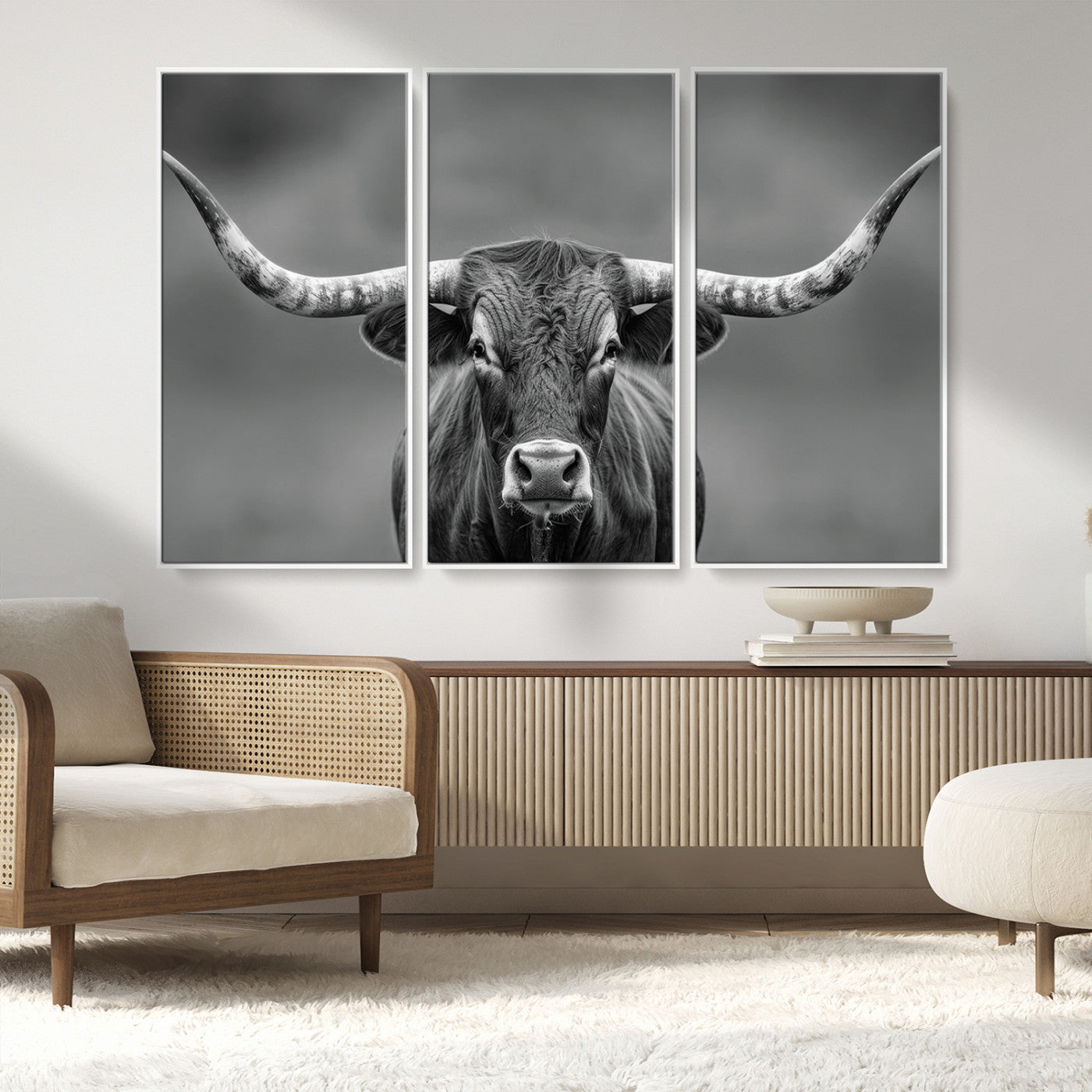 MGV-FC-48X32-3P - Framed Texas Longhorn Bull Art Canvas Print, Western Bull Wall Art Print, Long Horn Bull Photo Print