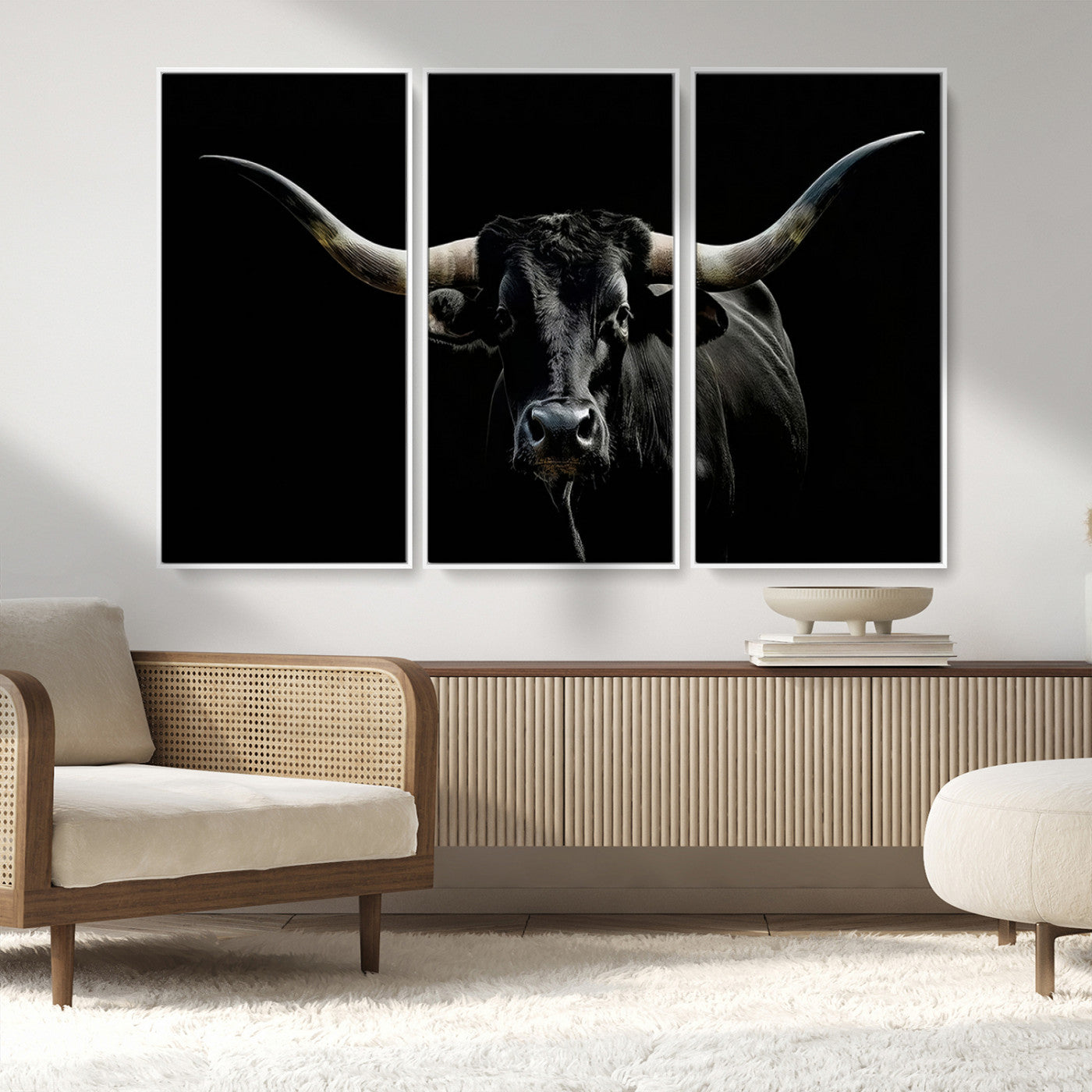 MGV-FC-48X32-3P - Texas Black Bull Wall Art Print, Longhorn Bull Canvas Wall Art
