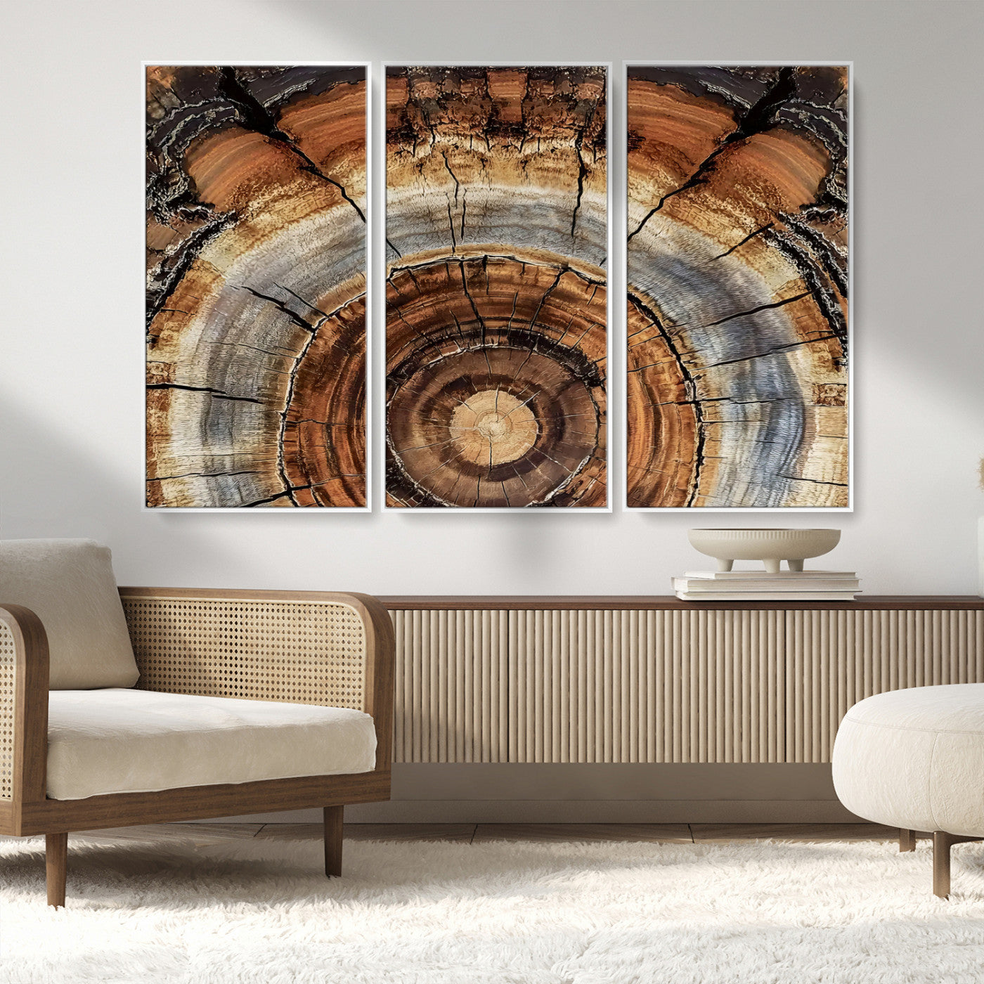 MGV-FC-48X32-3P - Tree Rings Wall Art Canvas Print, Framed Wood Texture Art Picture Print, Rustic Pattern Perfect Rustic Organic Decor Artwork