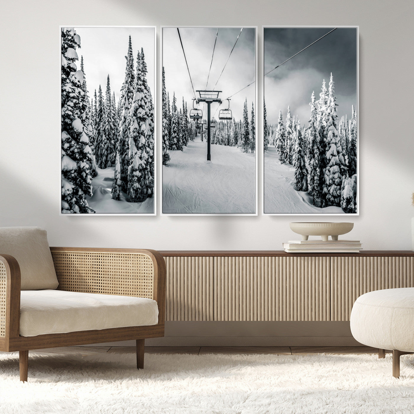 MGV-FC-48X32-3P - Snowy Pines Wall Art Canvas Print, Framed Ski Lift Art Picture Print, Winter Forest Perfect Moody Lodge Decor Artwork