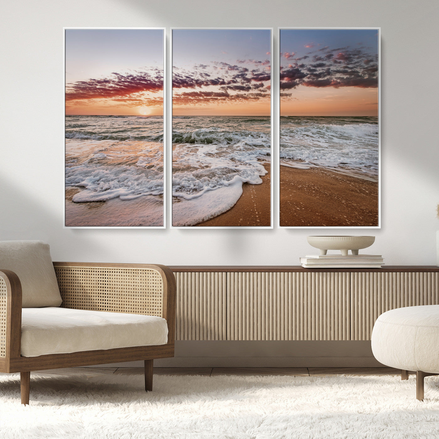 MGV-FC-48X32-3P - Ocean Sunset Wall Art Canvas Print, Framed Sandy Shore Art Picture Print, Gentle Waves Perfect Minimalist Coastal Decor Artwork