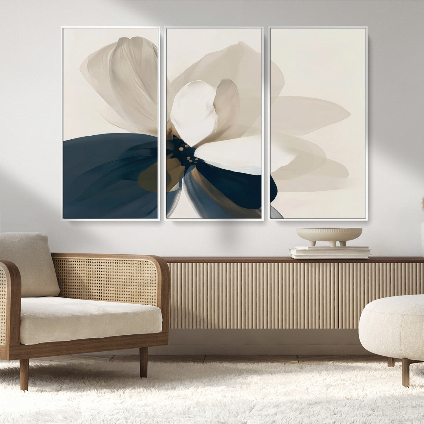 MGV-FC-48X32-3P - Minimal Flower Wall Art Canvas Print, Framed Flower Drawing Art Picture Print, Beige Bloom Perfect Modern Botanical Decor Artwork