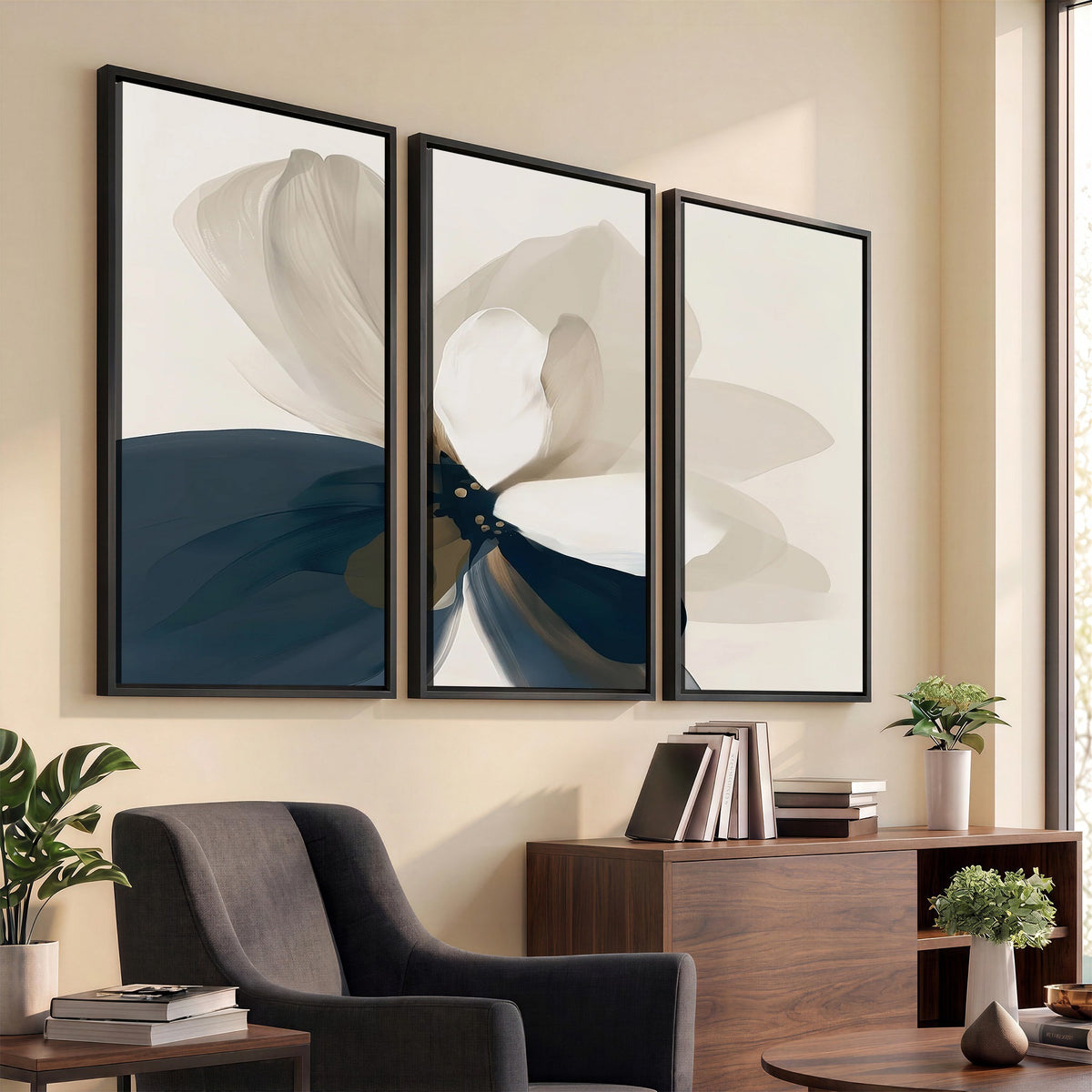 42188901-MGV-CV-24X16 - Minimal Flower Wall Art Canvas Print | Framed Beige and Navy Bloom