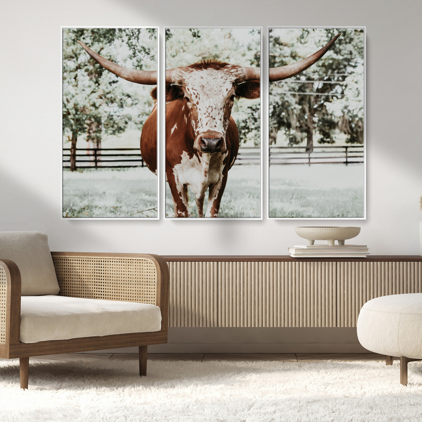 MGV-FC-48X32-3P - Texas Longhorn Wall Art Canvas Print, Framed Spotted Cow Art Picture Print, Horned Cattle Perfect Rustic Western Decor Artwork
