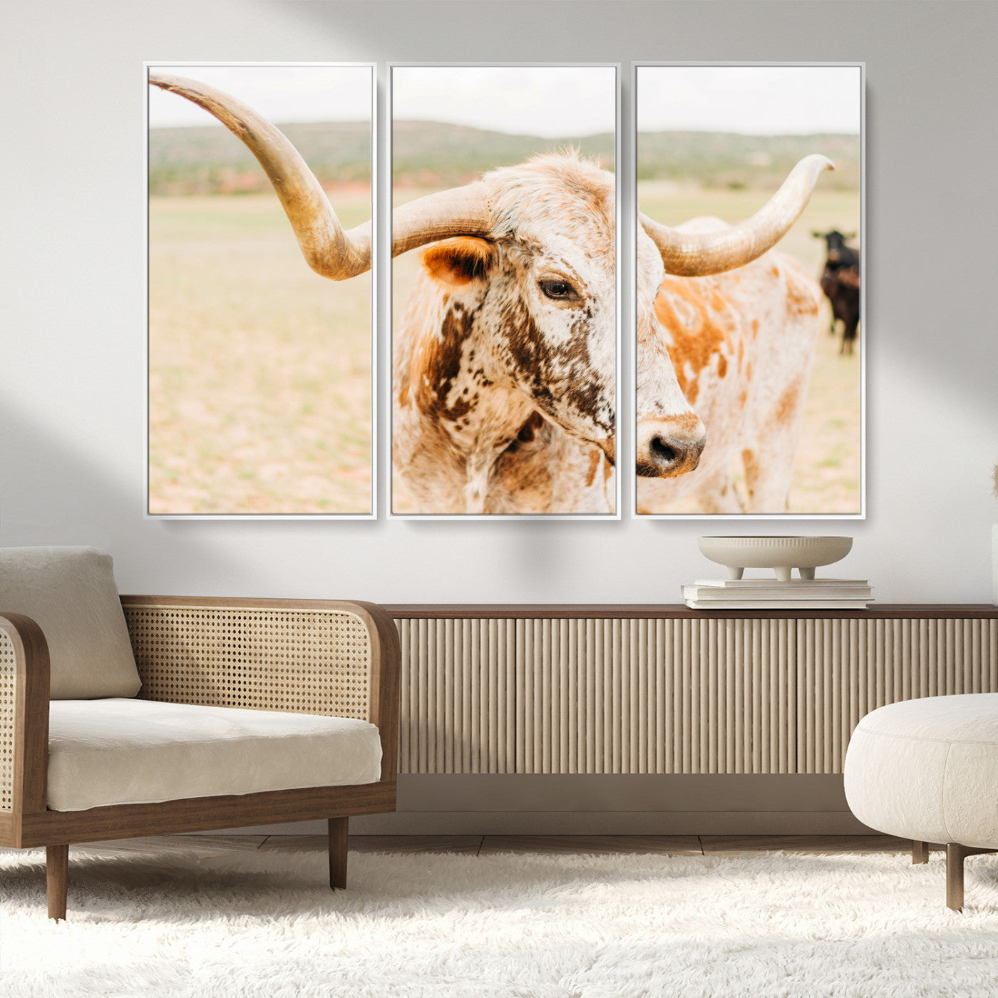 MGV-FC-48X32-3P - Texas Longhorn Wall Art Canvas Print, Framed Spotted Cow Art Picture Print, Horned Cattle Perfect Rustic Western Decor Artwork