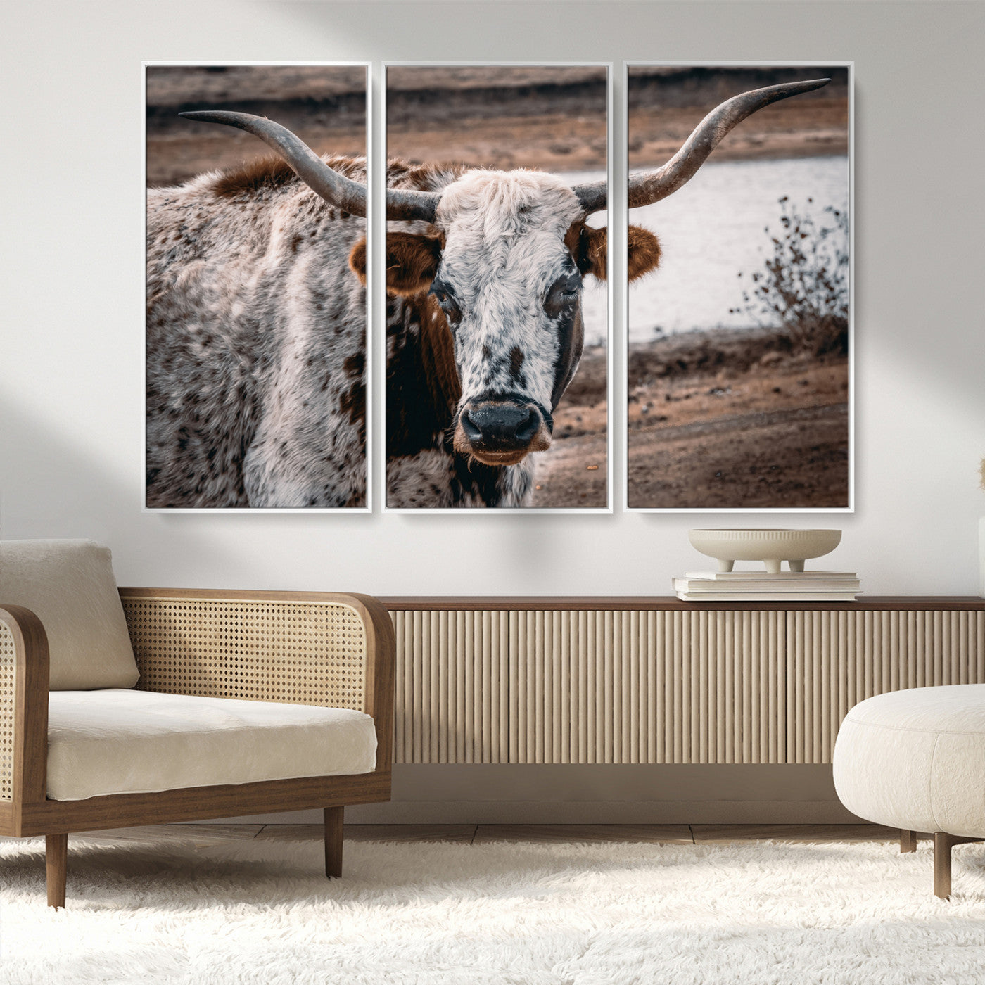 MGV-FC-48X32-3P - Texas Longhorn Wall Art Canvas Print, Framed Spotted Cow Art Picture Print, Horned Cattle Perfect Rustic Western Decor Artwork