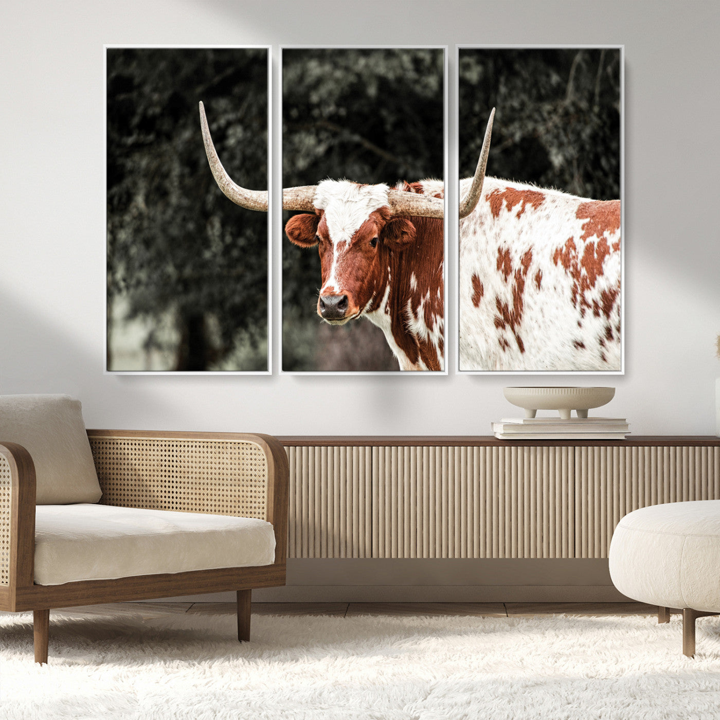 MGV-FC-48X32-3P - Texas Longhorn Wall Art Canvas Print, Framed Spotted Cow Art Picture Print, Horned Bull Perfect Rustic Western Decor Artwork