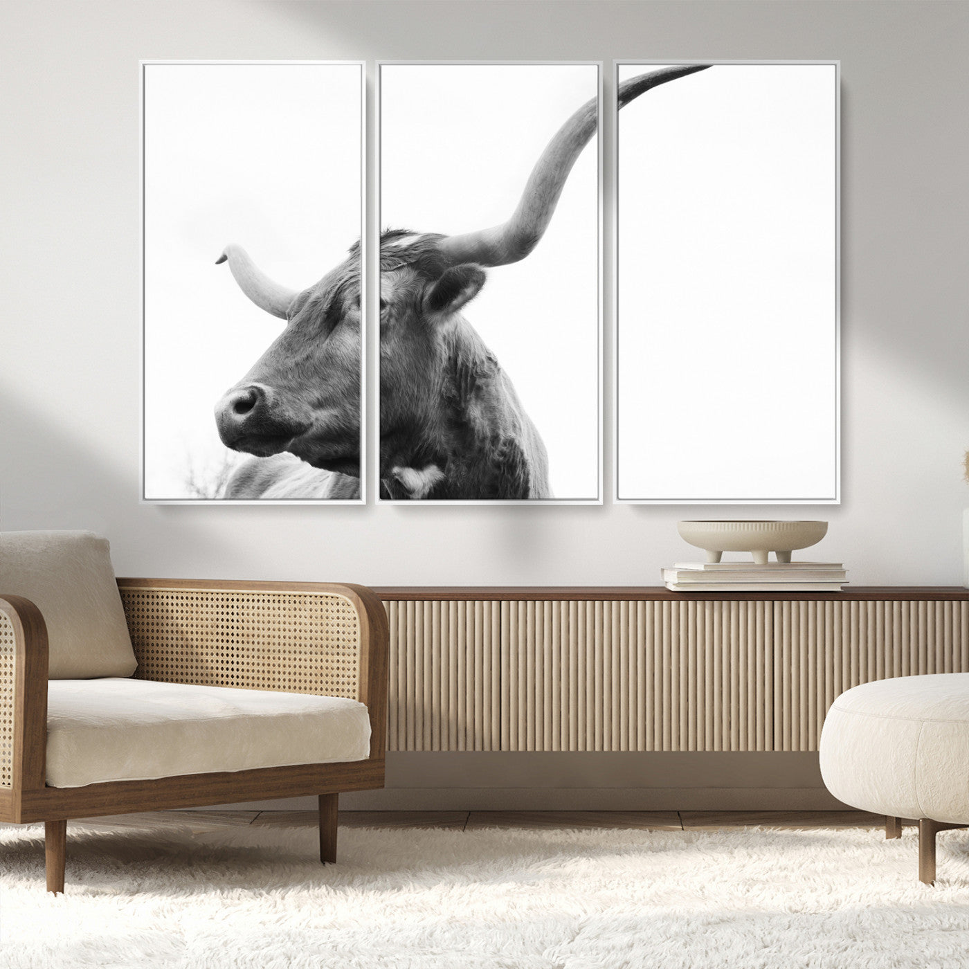 MGV-FC-48X32-3P - Longhorn Wall Art Wall Art Canvas Print, Framed Modern Ranch Style Art Art Picture Print, Monochrome Cow Print Perfect Rustic Western Decor Artwork