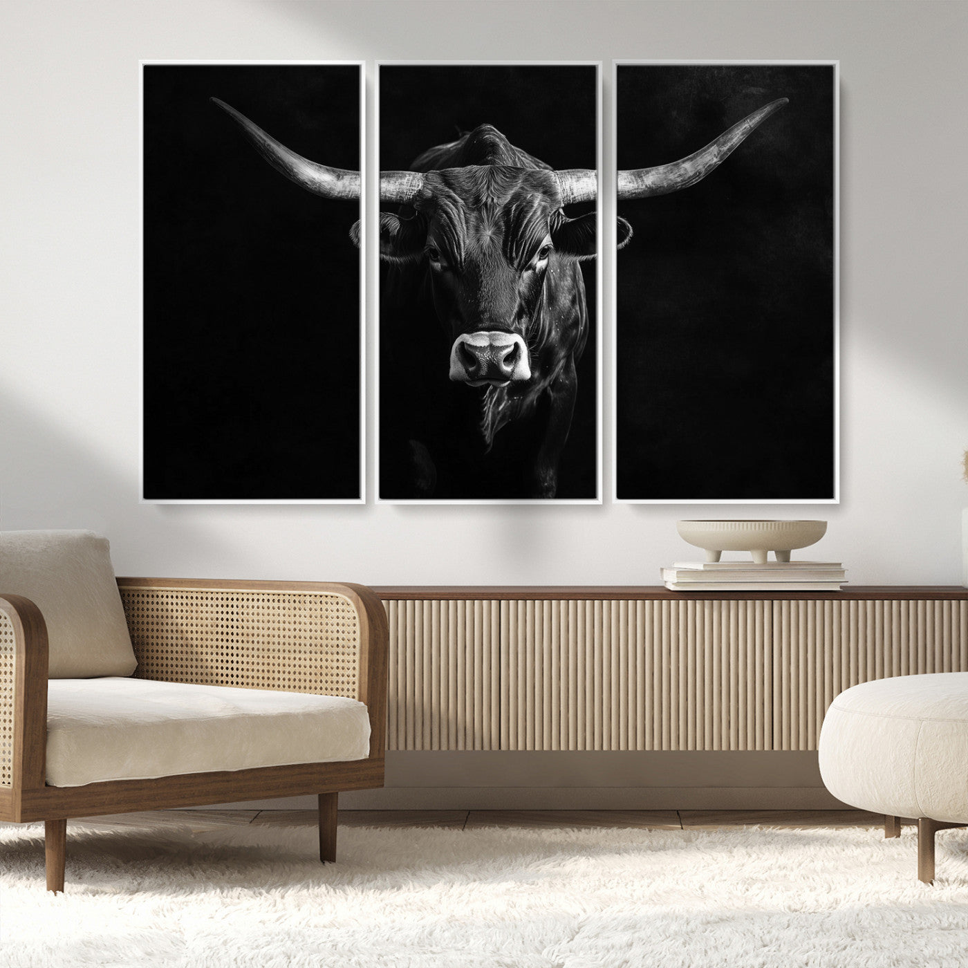 MGV-FC-48X32-3P - Texas Longhorn Wall Art Canvas Print, Framed Monochrome Bull Art Picture Print, Horned Bull Perfect Rustic Western Decor Artwork