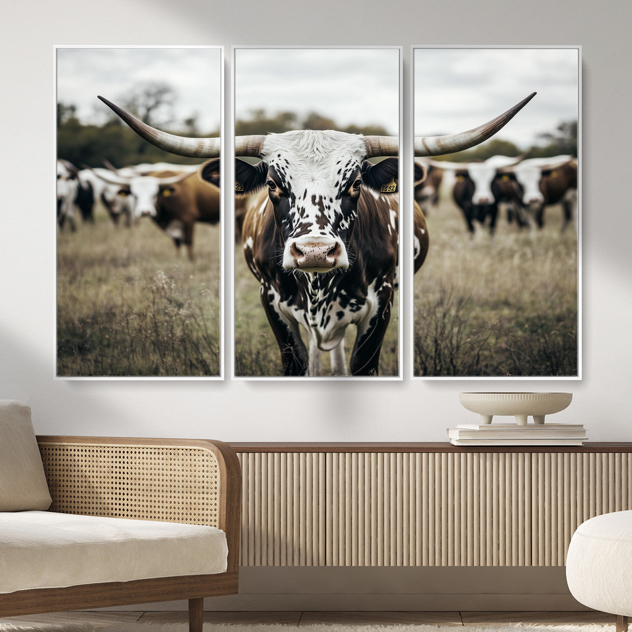MGV-FC-48X32-3P - Majestic Longhorn Cow Wall Art – Canvas Print of Intricate Fur & Sharp Horns Earthy Tones Serene Landscape, Rustic Charm Decor for Living Room, Office or Bedroom
