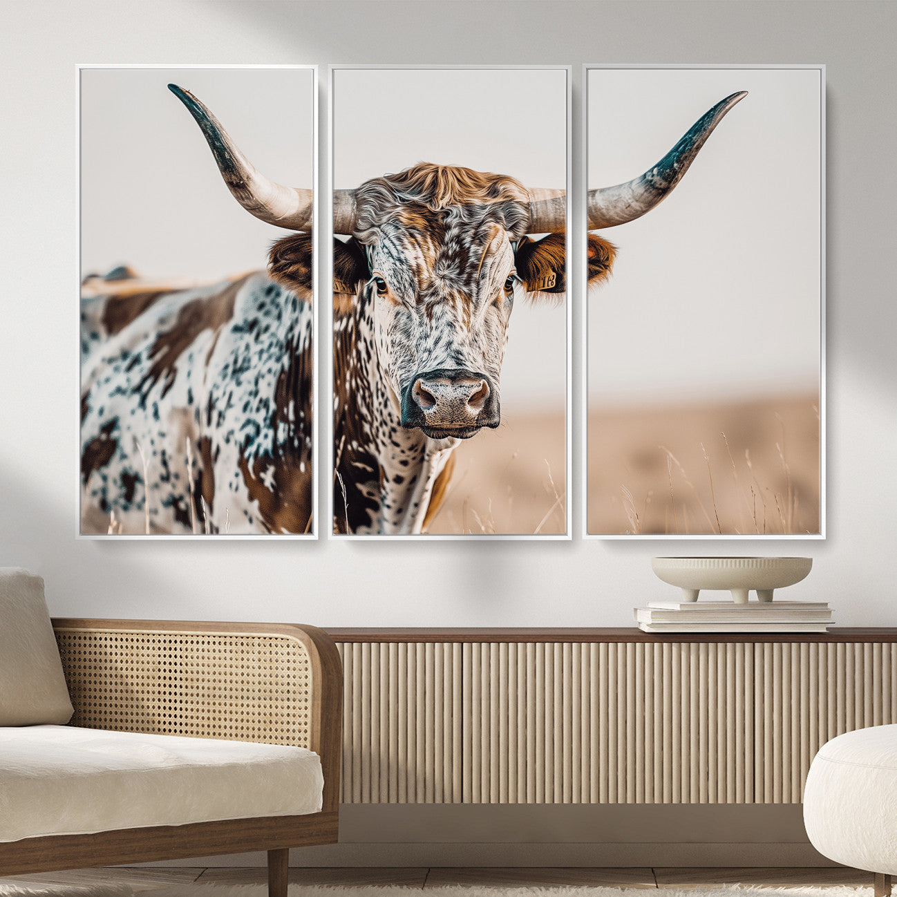 70414966-MGV-FC-48X32-3P - Majestic Longhorn Wall Art – Canvas Print of Strong Stance Intricate Fur & Sharp Horns Rustic Elegance & Timeless Wild Beauty Decor for Living Room, Office or Bedroom