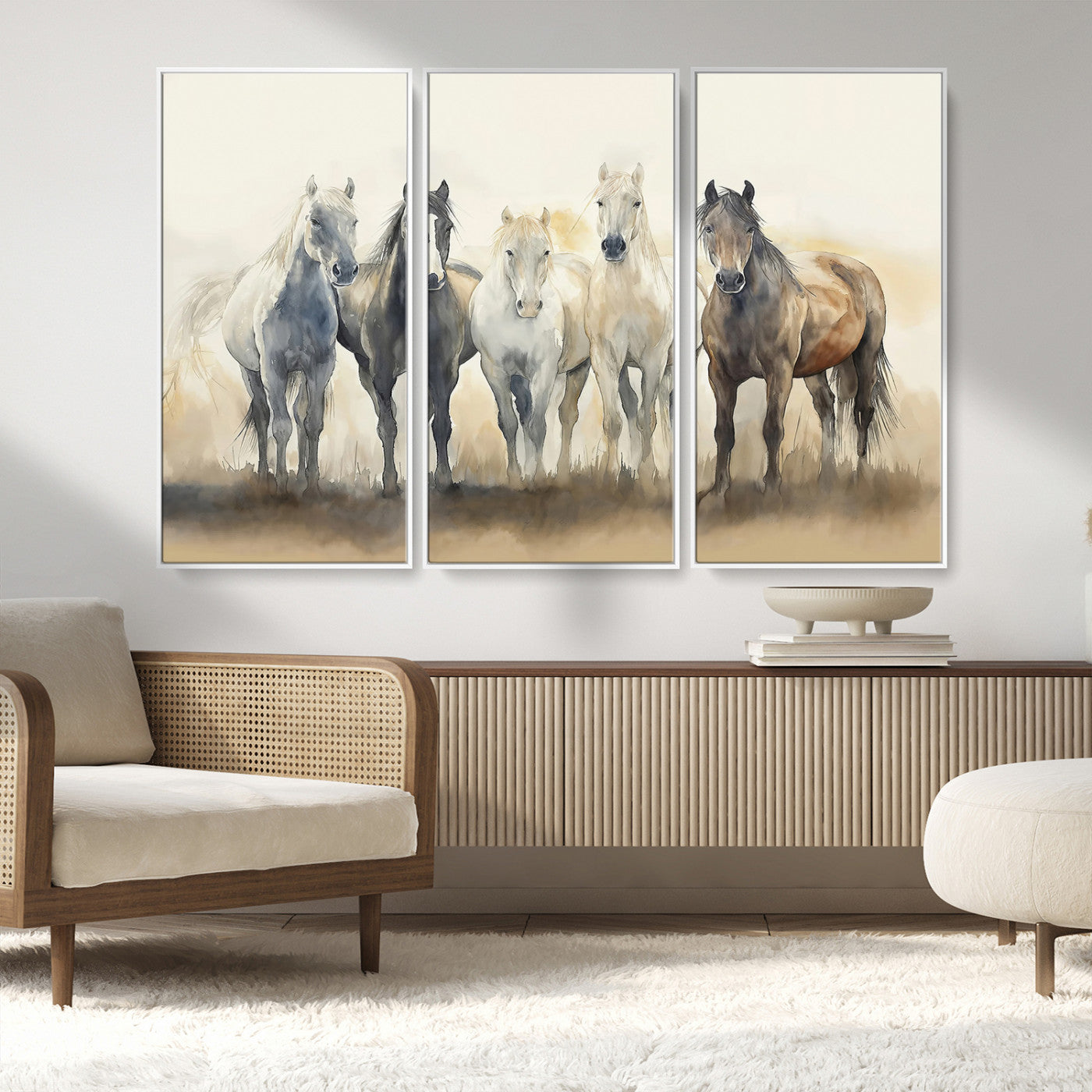 MGV-FC-48X32-3P - Wild Horses Wall Art Canvas Print, Framed Running Horses Art Picture Print, Watercolor Horses Perfect Rustic Western Decor Artwork