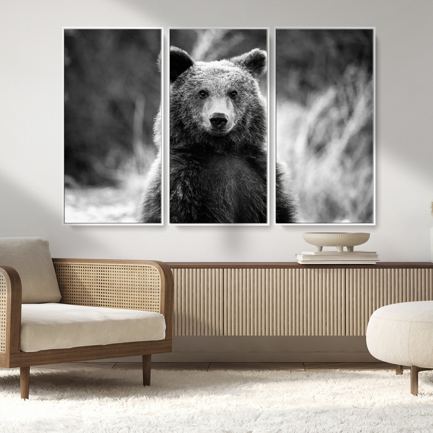 MGV-FC-48X32-3P - Grizzly Bear Wall Art Canvas Print, Framed Black White Bear Art Picture Print, Wild Bear Perfect Rustic Wildlife Decor Artwork