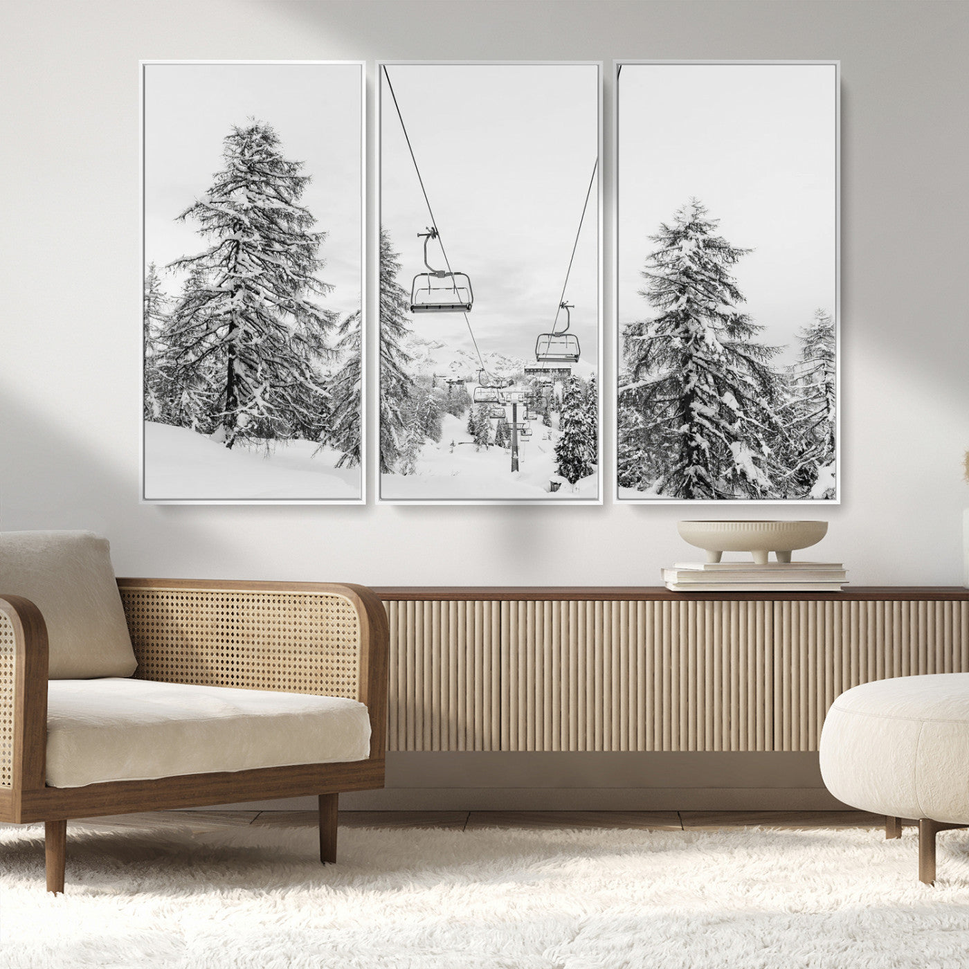MGV-FC-48X32-3P - Wall Art Canvas Print Winter Chairlift Views Silent Snow-Covered Pines Mountain Calm Serenity Frozen