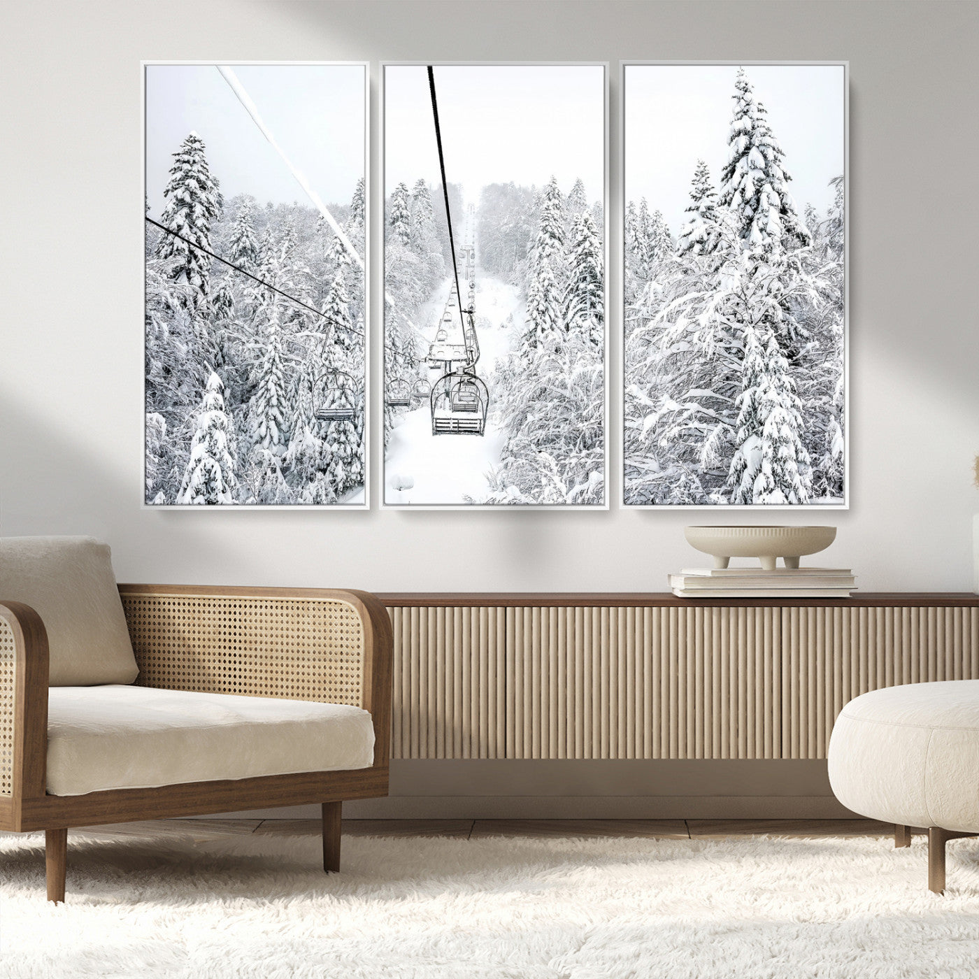 MGV-FC-48X32-3P - Snowy Mountains Wall Art Canvas Print, Framed Ski Lift Art Picture Print, Winter Forest Perfect
