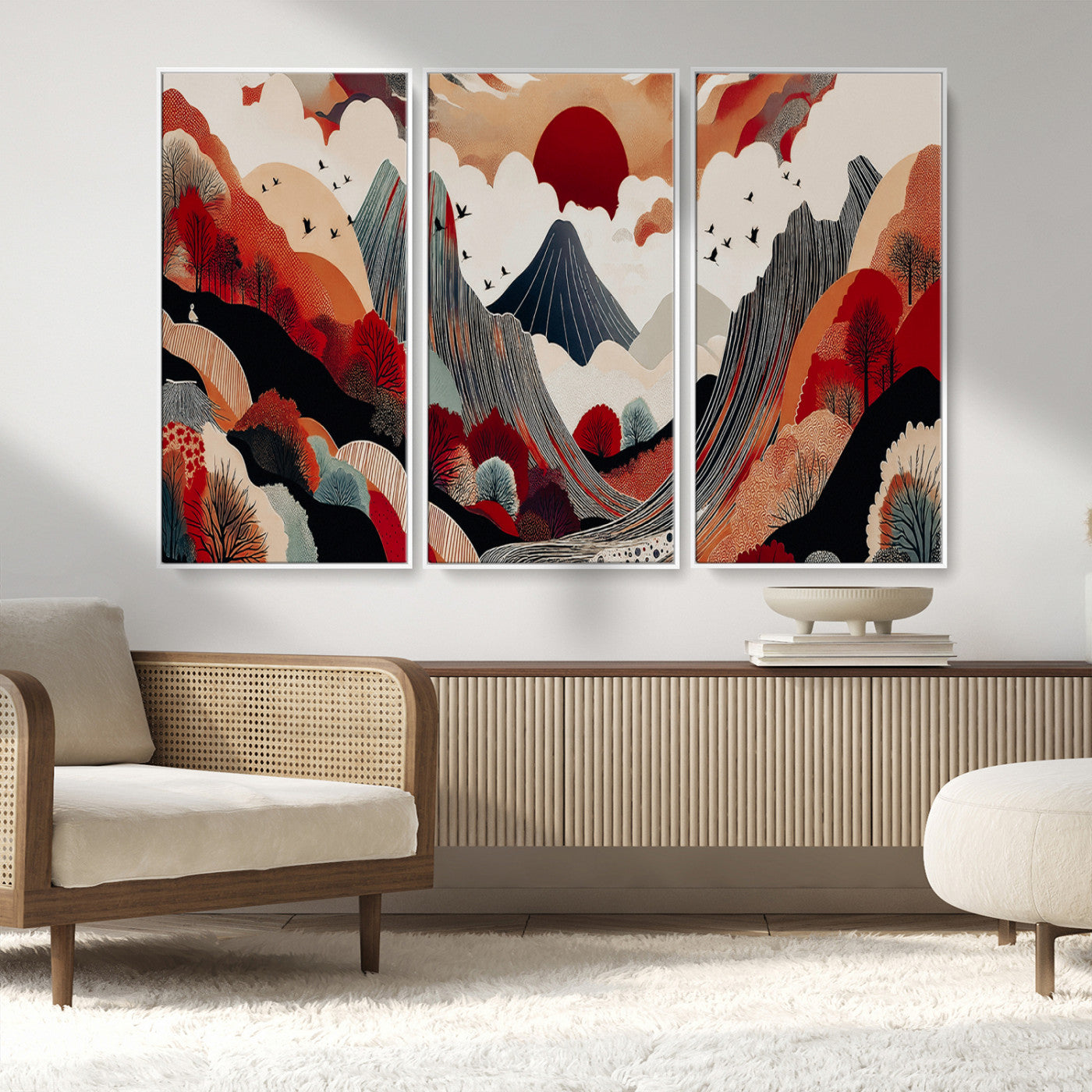 MGV-FC-48X32-3P - Abstract Mountain Wall Art Canvas Print, Framed Vibrant Landscape Art Picture Print, Stylized Nature Drawing Perfect Contemporary Minimalist Decor Artwork