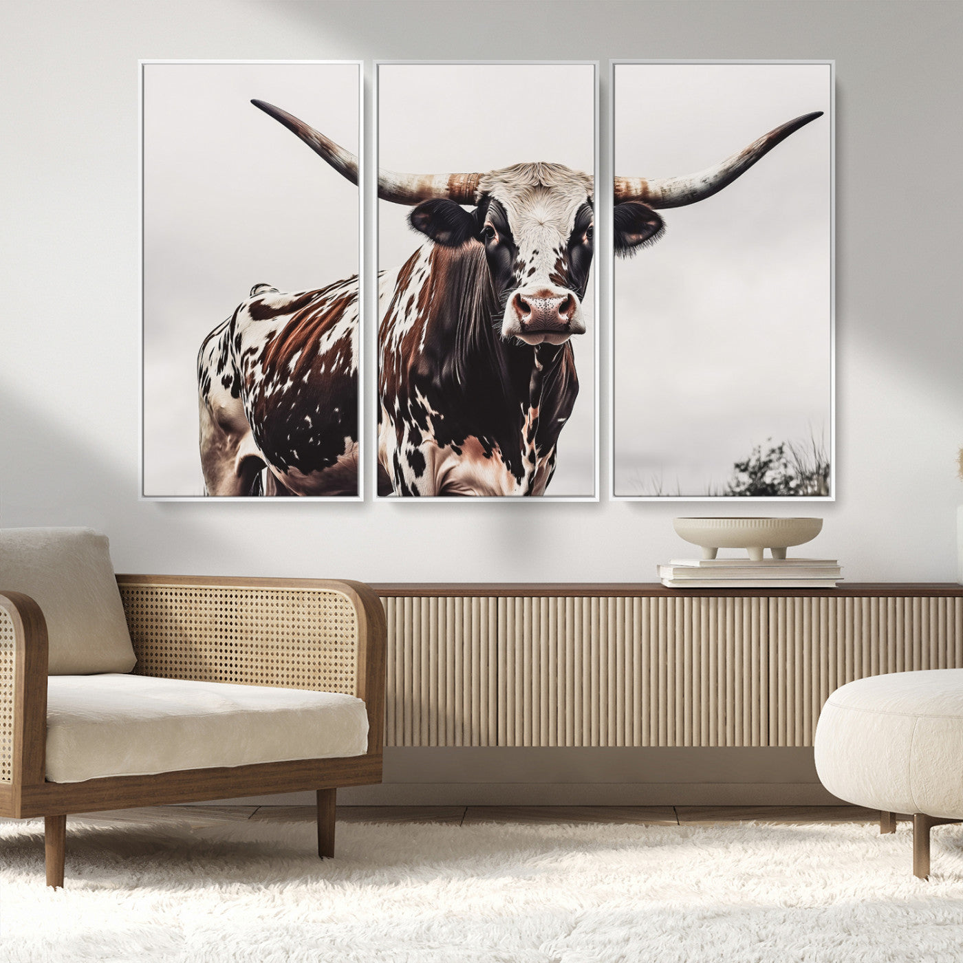 Close-up of a Texas Longhorn bull with powerful horns, perfect for rustic farmhouse or country-themed home decor. Ideal for animal lovers.