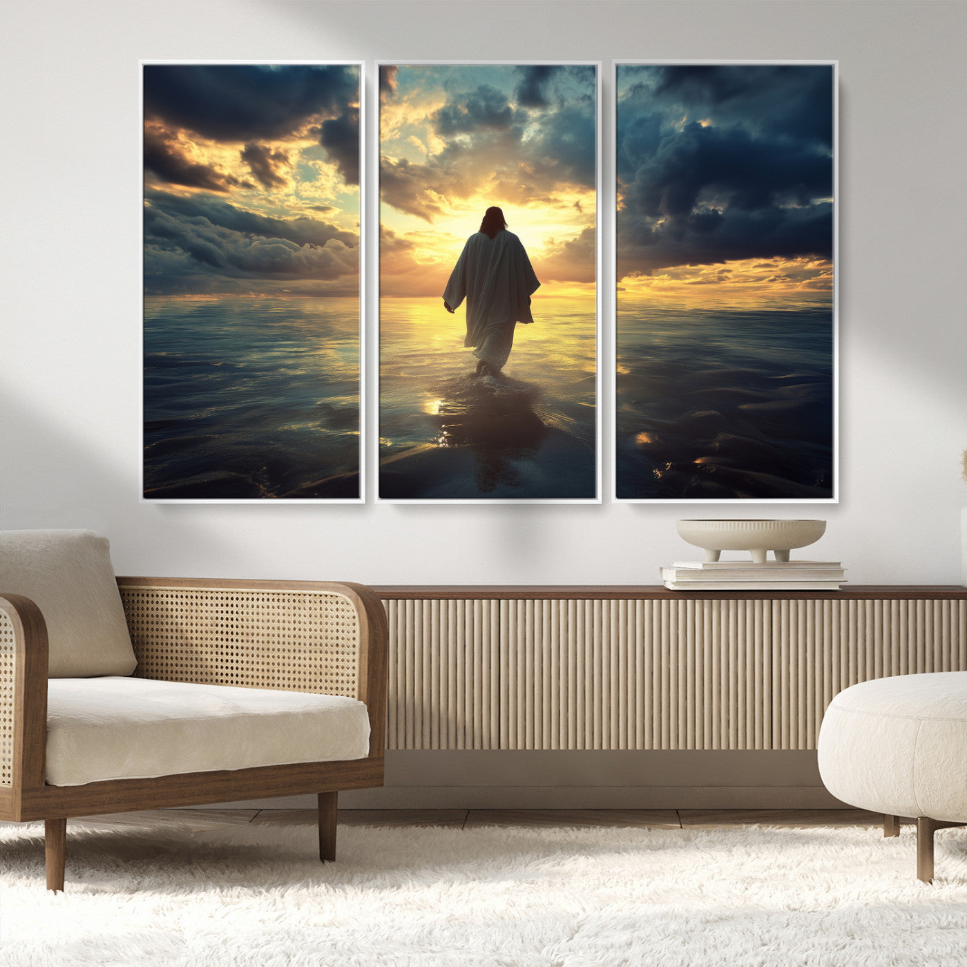 MGV-FC-48X32-3P - Jesus Walks Wall Art Canvas Print, Framed Divine Sunset Art Picture Print, Spiritual Light Perfect Spiritual Tranquil Decor Artwork