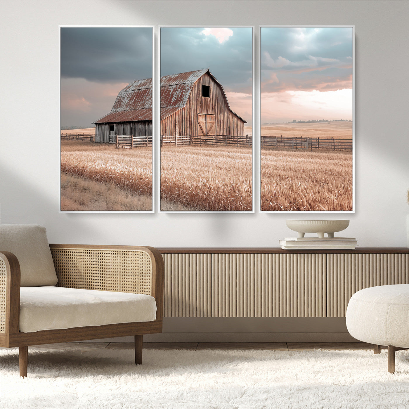 MGV-FC-48X32-3P - Rustic Barn Wall Art Canvas Print, Framed Wheat Field Art Picture Print, Sunset Barn Perfect Vintage Farmhouse Decor Artwork