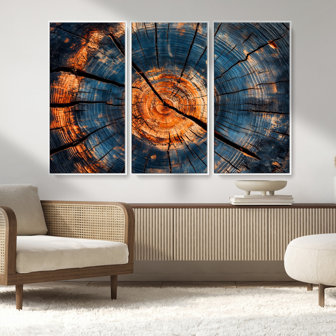 MGV-FC-48X32-3P - Burnt Wood Wall Art Canvas Print, Framed Aged Timber Art Picture Print, Rustic Tree Slice Perfect Rustic Decor Artwork