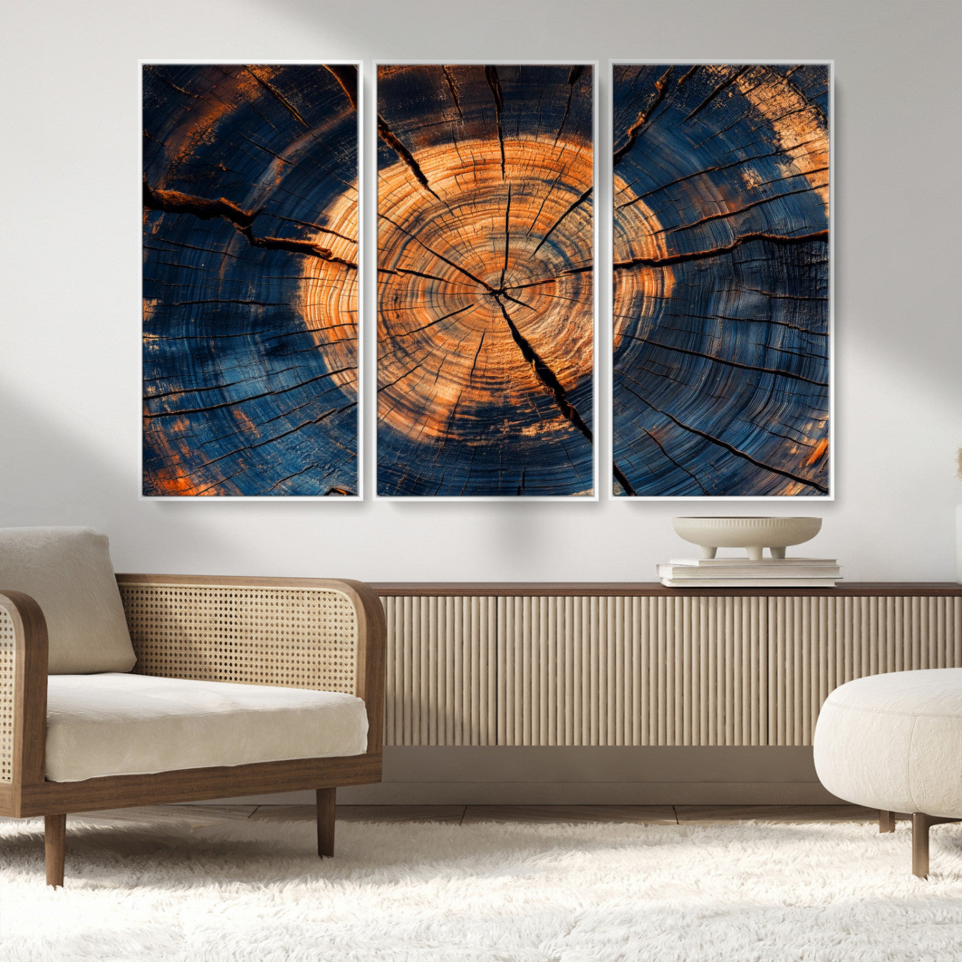 MGV-FC-48X32-3P - Burnt Wood Wall Art Canvas Print, Framed Aged Timber Art Picture Print, Rustic Tree Slice Perfect Rustic Decor Artwork