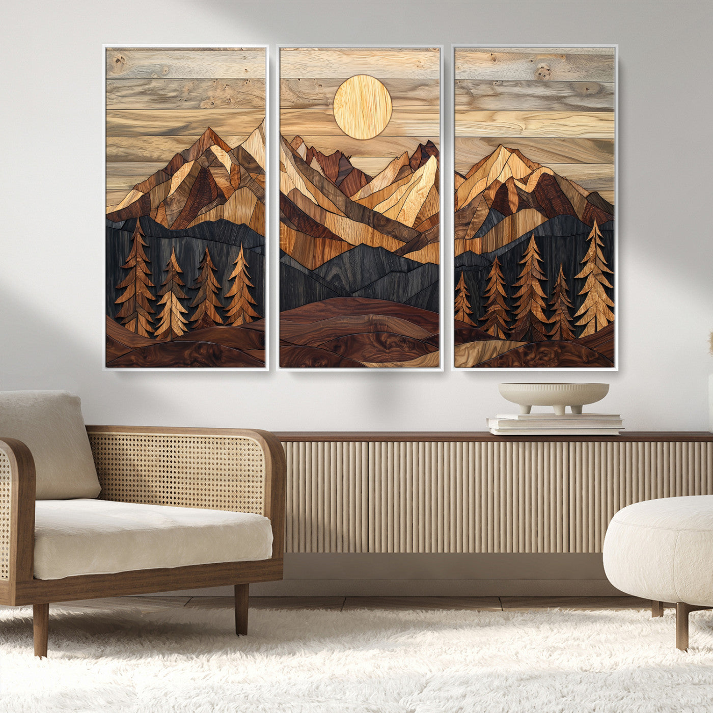 MGV-FC-48X32-3P - Wood Mountain Landscape Wall Art Canvas Print, Framed Sunset Hills Art Picture Print, Abstract Nature Perfect Boho Decor Artwork