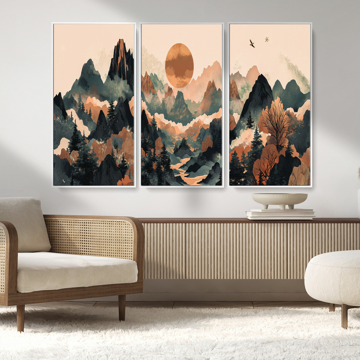 MGV-FC-48X32-3P - Wood Mountain Landscape Wall Art Canvas Print, Framed Sunset Hills Art Picture Print, Abstract Nature Perfect Boho Decor Artwork