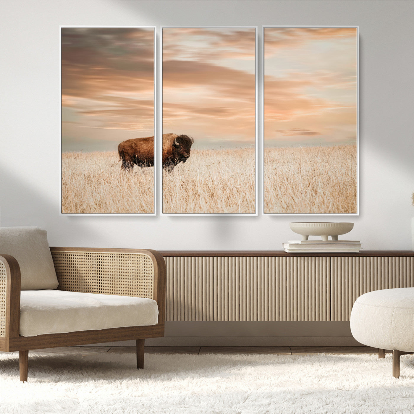 MGV-FC-48X32-3P - Bison Wall Art Canvas Print, Framed Buffalo Art Picture Print, Western Prairie Perfect Rustic Decor Artwork
