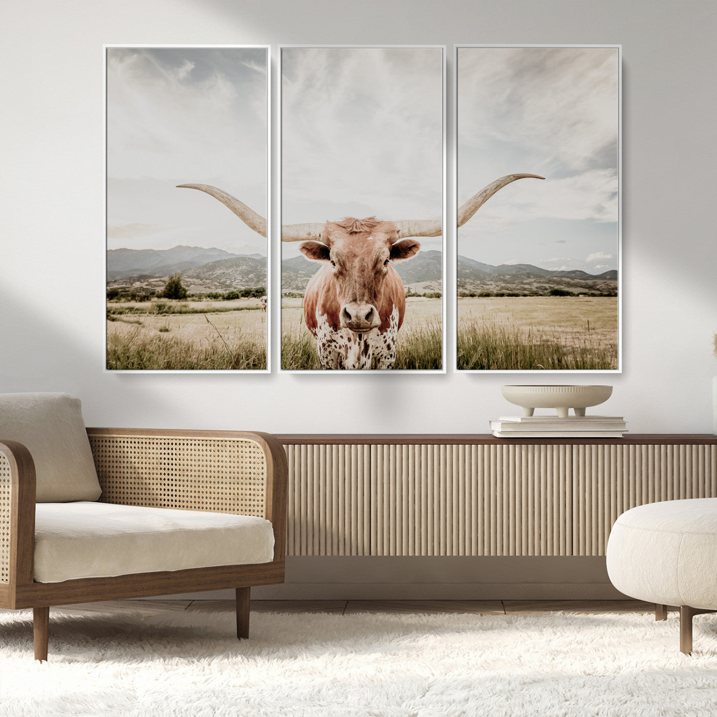 MGV-FC-48X32-3P - Texas Longhorn Wall Art Canvas Print, Framed Western Cow Art Picture Print, Rustic Farmhouse Perfect Farmhouse Decor Artwork