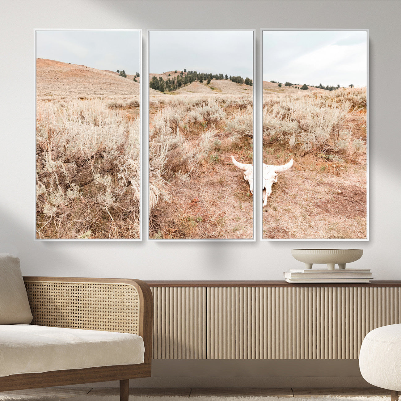 97234735-MGV-CV-36X24 - Desert Skull Wall Art – Arid Landscape & Sagebrush Canvas Print, Rustic Nature and Earth Tones for Living Room or Minimalist Decor