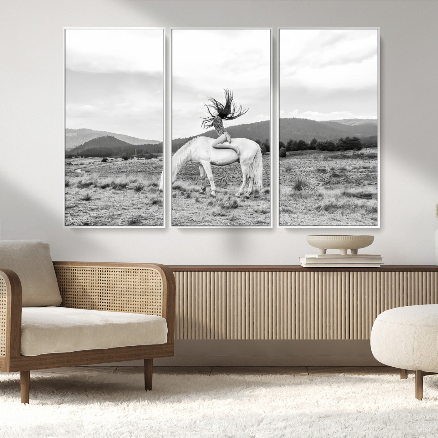 MGV-FC-48X32-3P - White Horse Wall Art Canvas Print, Framed Woman Rider Art Picture Print, Equestrian Pose Perfect Western Boho Decor Artwork