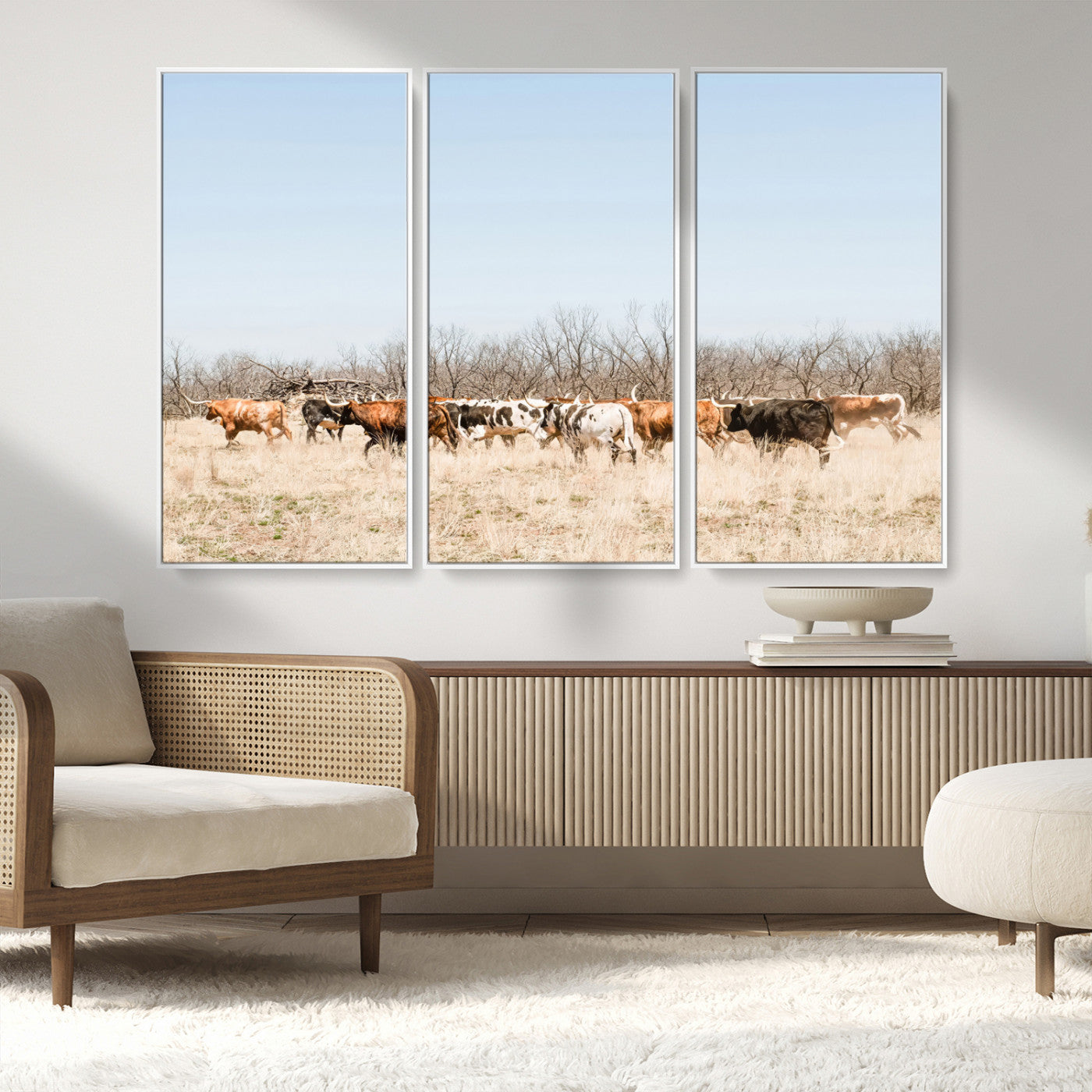 MGV-FC-48X32-3P - Texas Longhorns Wall Art Canvas Print, Framed Western Cattles Art Picture Print, Rustic Herd Perfect Rustic Farmhouse Decor Artwork