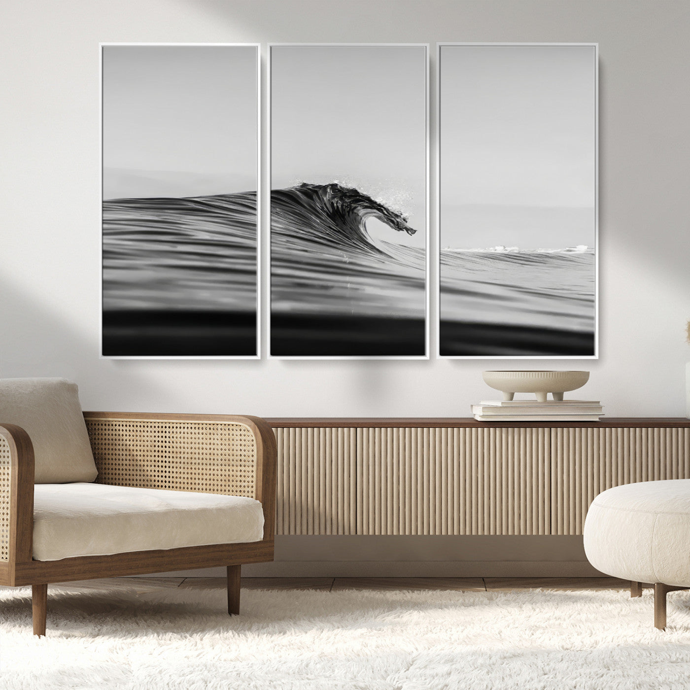 MGV-FC-48X32-3P - Black Wave Wall Art Canvas Print, Framed Abstract Surf Art Picture Print, Minimalist Ocean Perfect Minimalist Coastal Decor Artwork