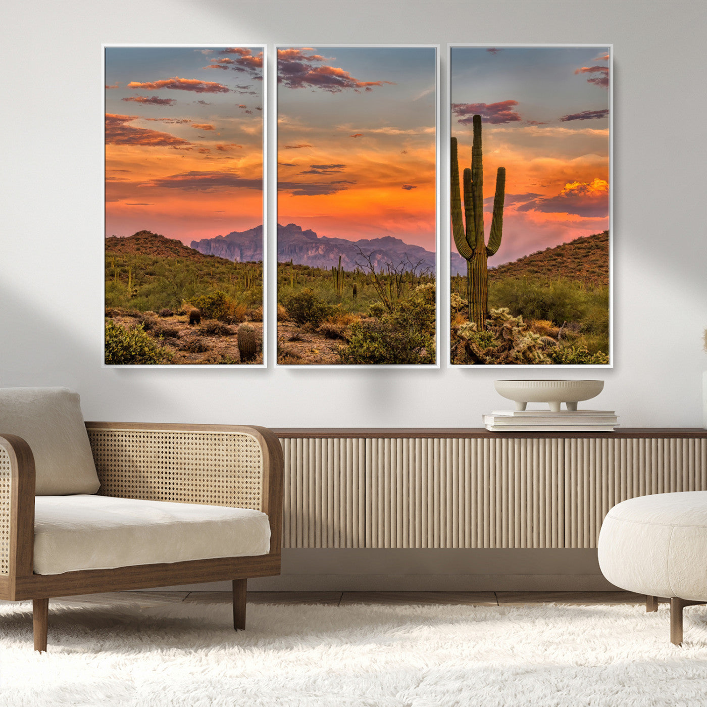 MGV-FC-48X32-3P - Saguaro Cactus Wall Art Canvas Print, Framed Arizona Sunset Art Picture Print, Sonoran Desert Perfect Southwestern Boho Decor Artwork