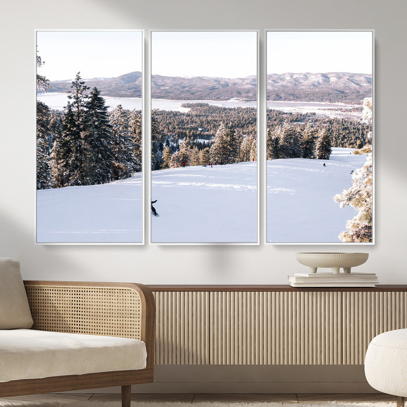 79857868-MGV-CV-36X24 - Snowboarder Wall Art – Winter Slope Canvas Print, Pine Forest, Snow-Covered Mountains, Outdoor Adventure for Living Room or Cabin Decor