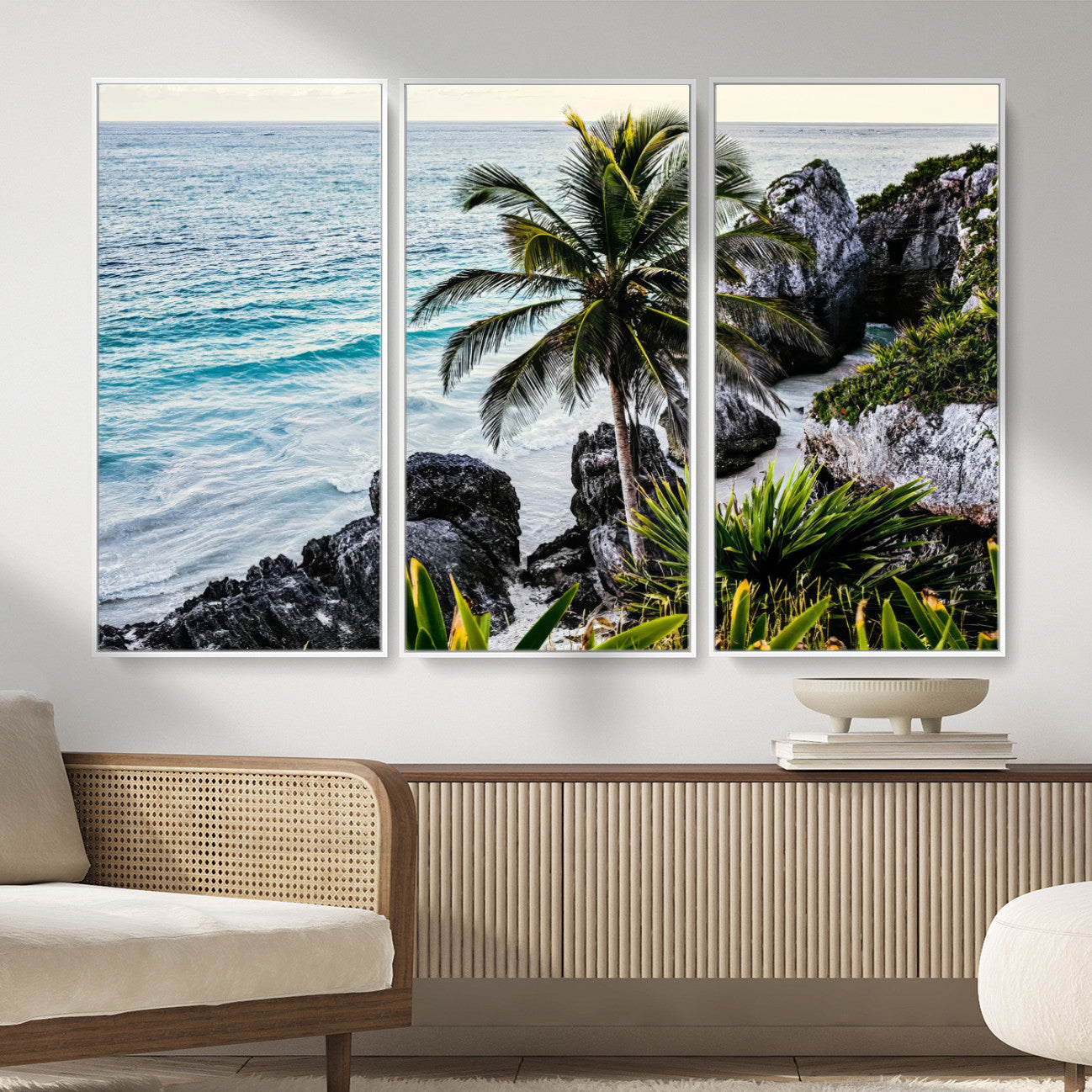 94669907-MGV-CV-36X24 - Tropical Palm Wall Art – Coastal Rocks Canvas Print, Ocean Breeze, Sandy Shore, Vibrant Green Foliage for Living Room or Beach House Decor