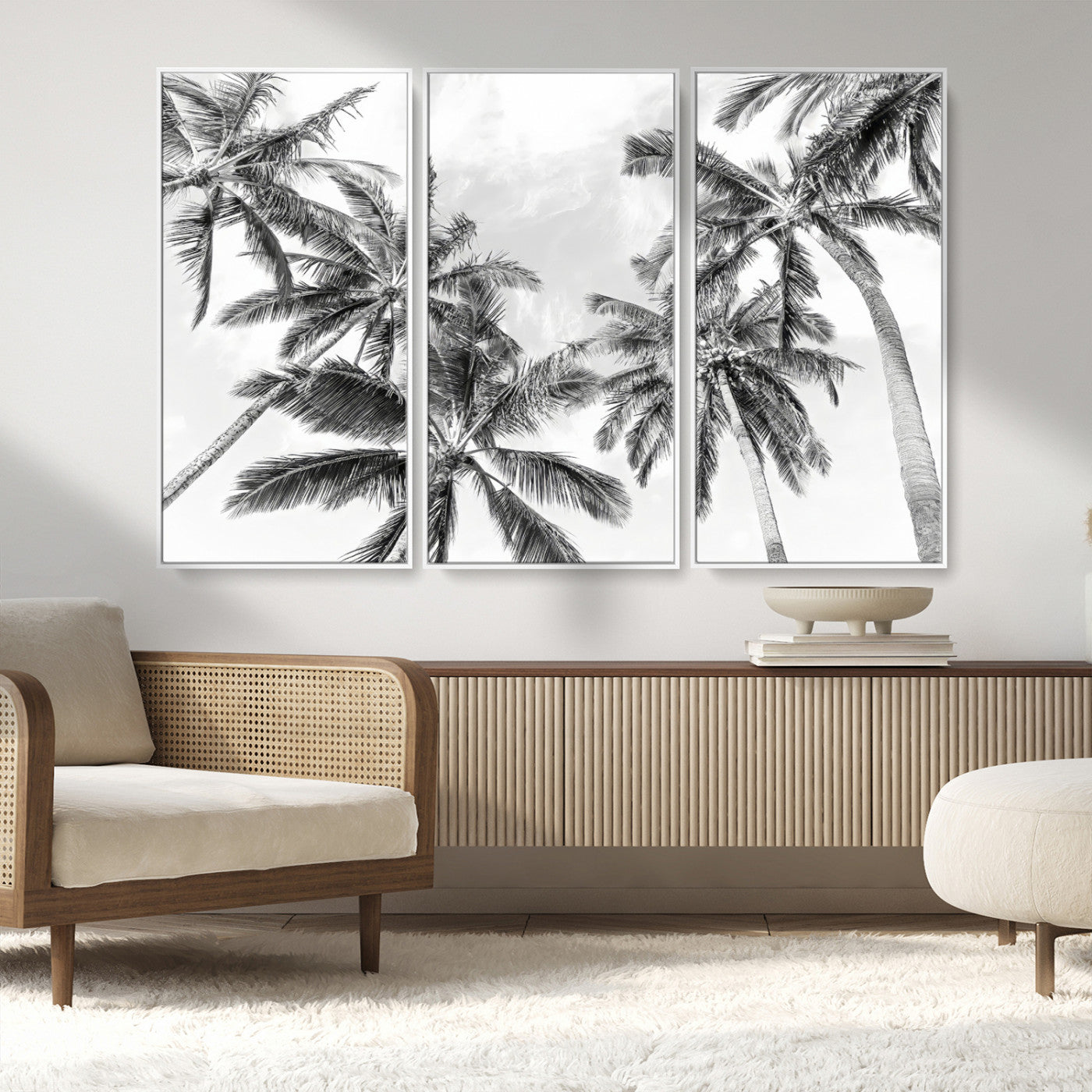 MGV-FC-48X32-3P - Black White Palm Wall Art Canvas Print, Framed Monochrome Tropics Art Picture Print, Minimalist Beach Perfect Coastal Minimalist Decor Artwork