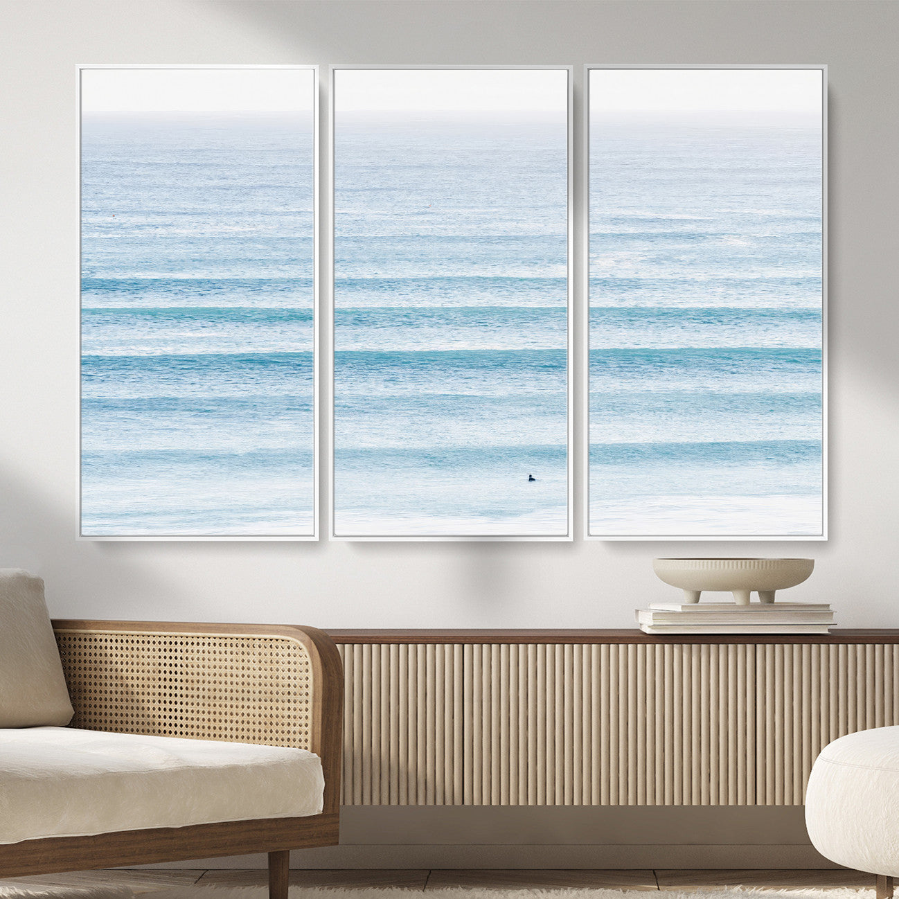 77145995-MGV-FC-48X32-3P_White-Ocean Wave Surfer Wall Art – Framed Minimal Seascape Canvas Artwork, Calm Blue Water Design, Coastal Decor for Home, Office