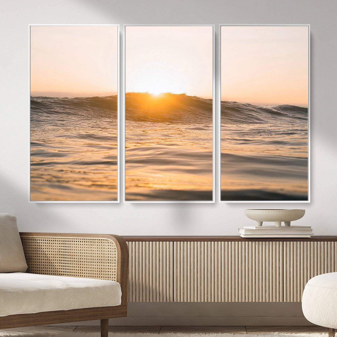 16973771-MGV-CV-36X24-Calm Water Wall Art – Framed Sunset Waves Canvas Artwork, Coastal Warm Design, Minimal Ocean Decor for Home, Office