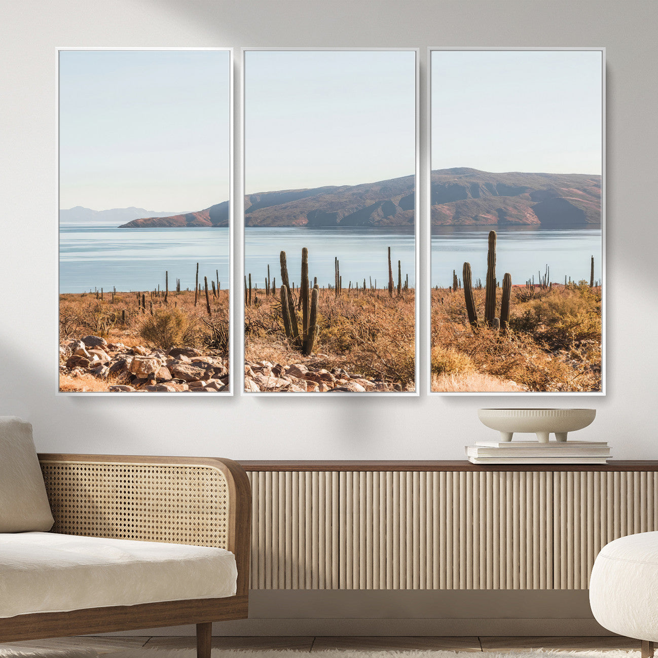 MGV-FC-48X32-3P - Desert Cactus Wall Art Canvas Print, Framed Baja Coastline Art Picture Print, Coastal Desert Perfect Southwestern Minimalist Decor Artwork
