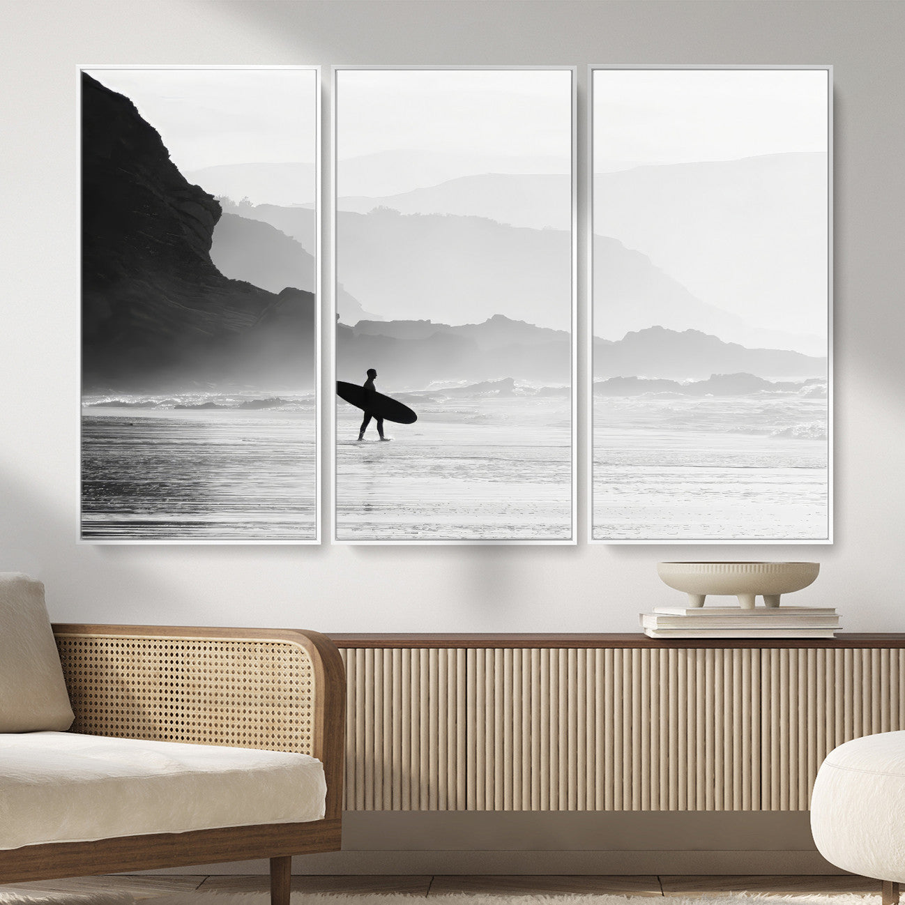 MGV-FC-48X32-3P - Surfer In Fog Wall Art Canvas Print, Framed Moody Shoreline Art Picture Print, Cliffside Waves Perfect Minimalist Coastal Decor Artwork