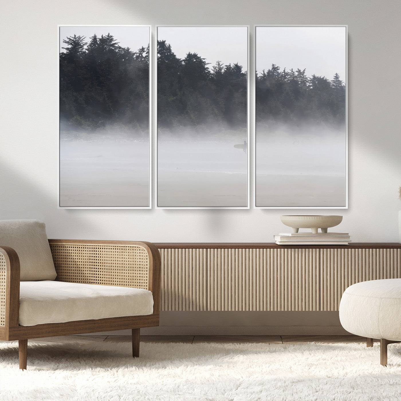 59703275-MGV-CV-36X24-Surfer Fog Wall Art Canvas Print – Framed Foggy Beach Scene with Coastal Surf Artwork for Home, Office, Living Room