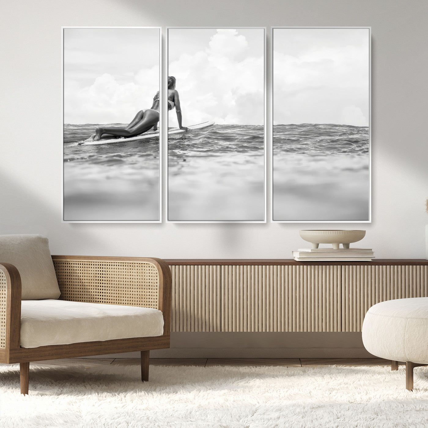 69798068-MGV-FC-48X32-3P_White-Black and White Surfing Wall Art Canvas Print – Framed Ocean Horizon with Surfer Girl Coastal Adventure Artwork for Home, Office