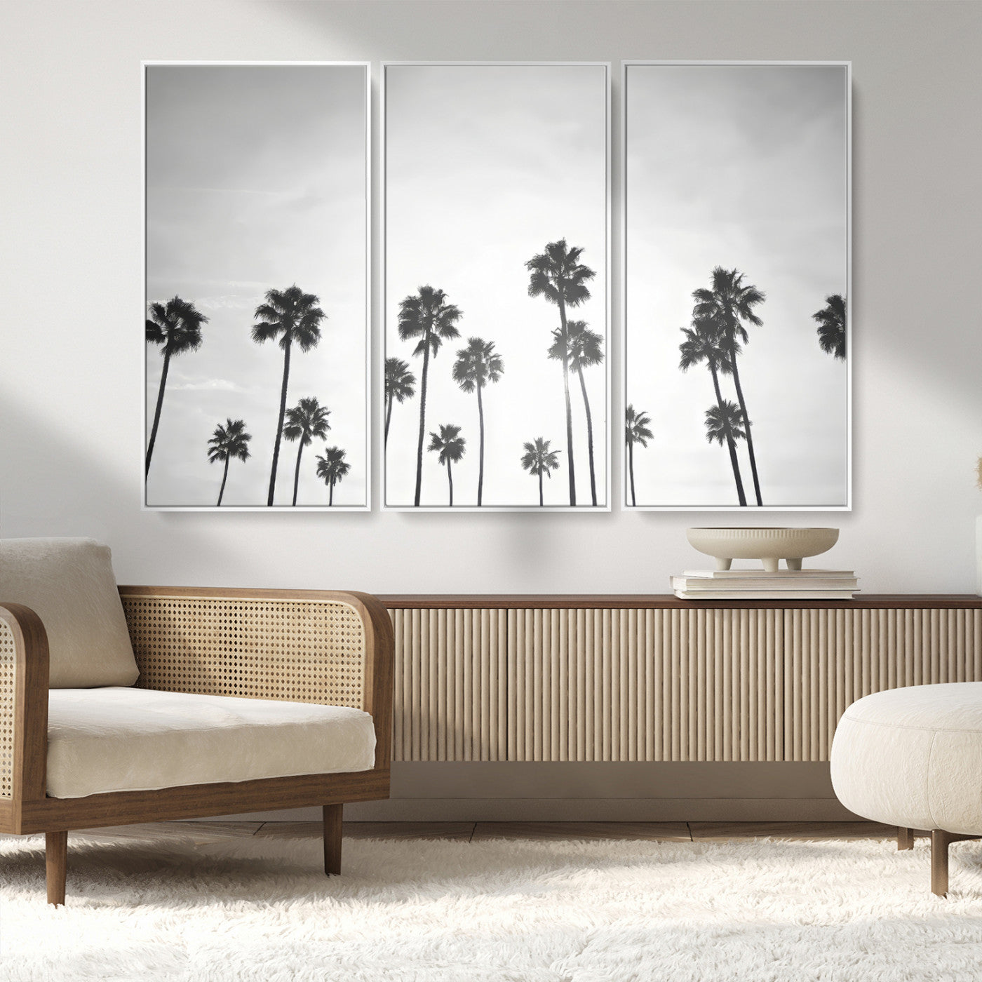 62298277-MGV-FC-48X32-3P_White-Monochrome Palms Wall Art Canvas Print – Framed Minimalist Silhouetted Trees Artwork for Home, Office, Living Room