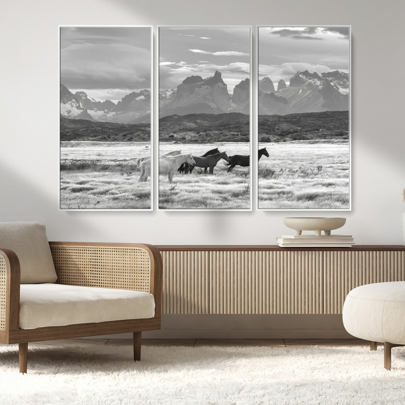 MGV-FC-48X32-3P - Wild Horses Wall Art Canvas Print, Framed Black White Mountains Art Picture Print, Rustic Countryside Perfect Rustic Western Decor Artwork