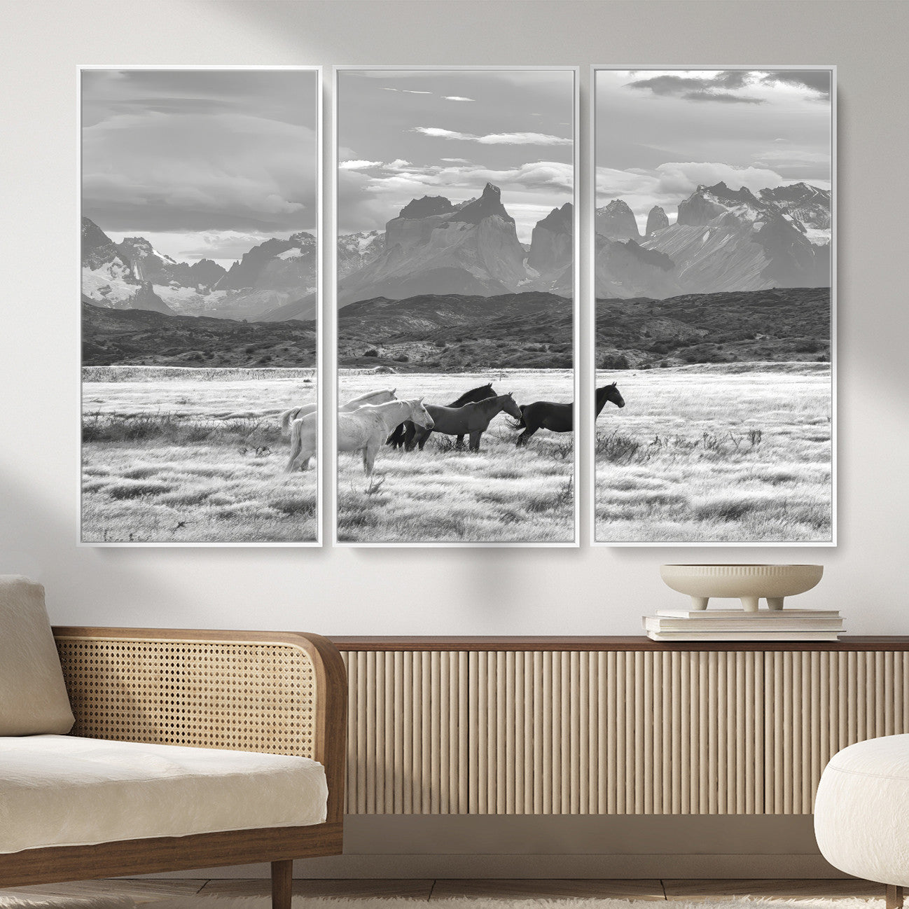 MGV-FC-48X32-3P - Wild Horses Wall Art Canvas Print, Framed Black White Mountains Art Picture Print, Rustic Countryside Perfect Rustic Western Decor Artwork