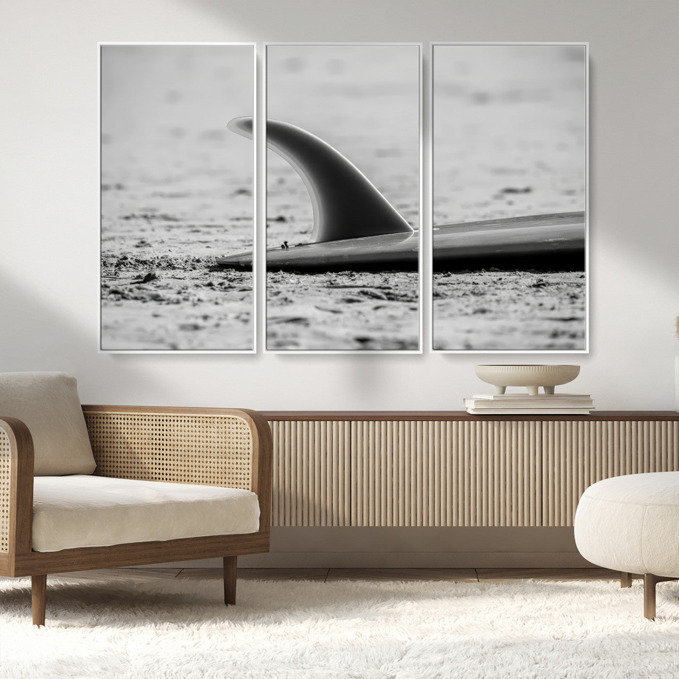 MGV-FC-48X32-3P - Black White Surfboard Wall Art Canvas Print, Framed Minimalist Beach Art Picture Print, Surf Fin Perfect Minimalist Coastal Decor Artwork