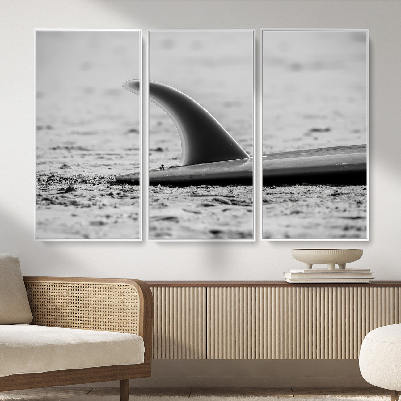 MGV-FC-48X32-3P - Black White Surfboard Wall Art Canvas Print, Framed Minimalist Beach Art Picture Print, Surf Fin Perfect Minimalist Coastal Decor Artwork